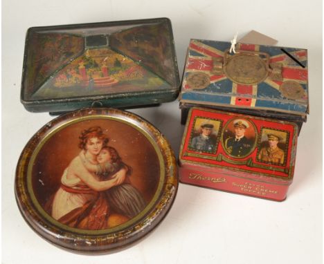 A Thornes tin with a Royal portrait, together with a cash box with royal portrait and two other tins.