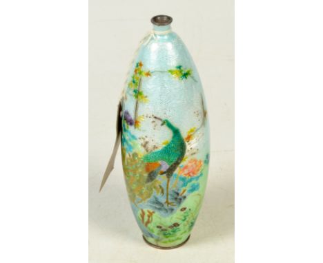 A Japanese gin-bari enamel vase of ovoid form, decorated in coloured enamels with exotic peacocks amidst numerous flowers and