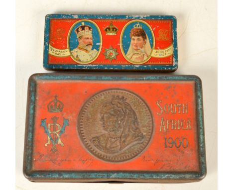 A Boer War tin with the embossed portrait of Queen Victoria inscribed South Africa 1900, together with a Rowntree chocolate t