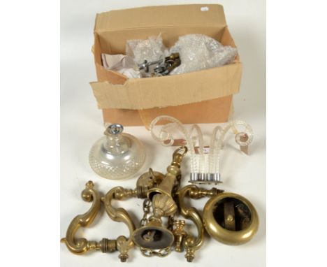 Two brass chandeliers, dismantled and possibly incomplete. Together with a damaged glass chandelier.
