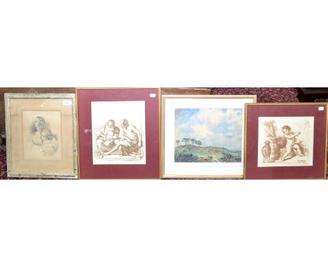 A landscape watercolour by Kenneth Bond, together with two Bartolozzi prints and a portrait drawing dated 1838.