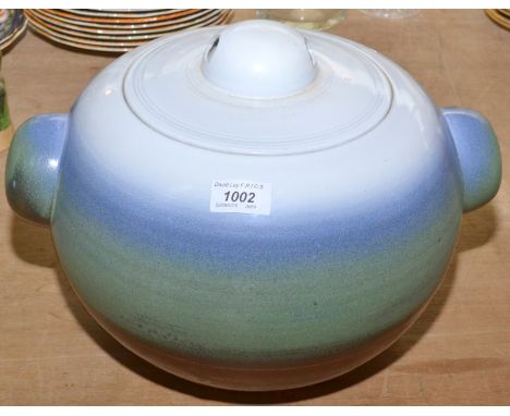 A large studio ceramic, lidded twin handled bowl.