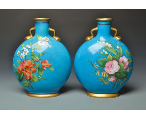 A pair of fine Minton exhibition moon flasks, each with turquoise glaze and floral enamel to each side, the neck of each with