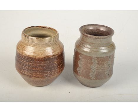 A John Reeve Leach Pottery salt glazed vase, height 14cm, together with an unmarked John Reeve vase.