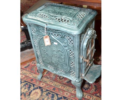 A French Godin style Art Nouveau blue enamel solid fuel stove, height 62cm, width 30cm.