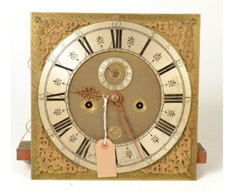 An eight day, six pillar longcase clock movement, the 12 inch dial signed William Grimes, Londini fecit, the matt centre with