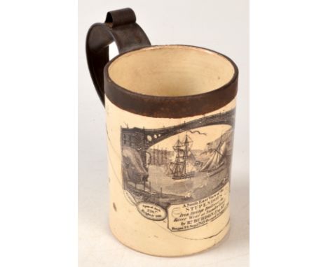A creamware cylindrical quart frog mug blackprinted 'A southeast view of the stupendous iron bridge built over the river Wear