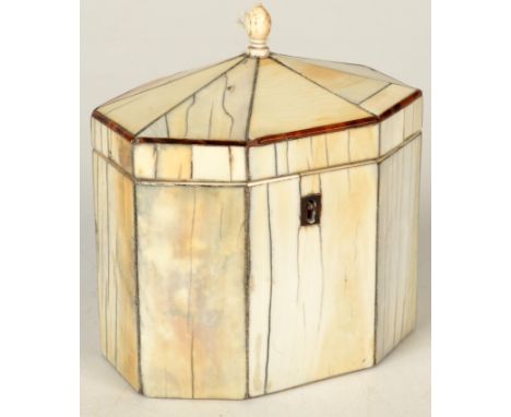 A George lll ivory veneered octagonal section tea caddy with bone finial.