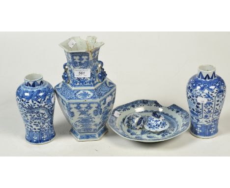 A Chinese blue and white hexagonal porcelain vase, height 26cm, two Chinese baluster vases, each with four character Kangxi m