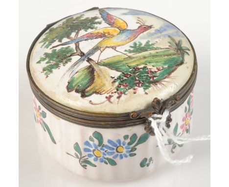 A French fiaence fluted snuff box, the lid painted with a bird in a landscape, Lee Pea monogramme of Vaude Perrin Marseille. 