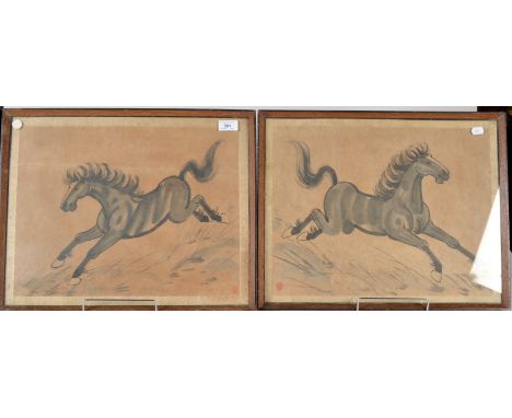 A pair of Chinese watercolour paintings in the style of Xu Beihong of galloping horses, the seal possibly reads as Wu Shan, 1