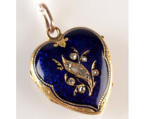 A high purity gold blue enamel and diamond set heart shaped locket pendant.   condition report: 22mm excluding jump ring.  Th