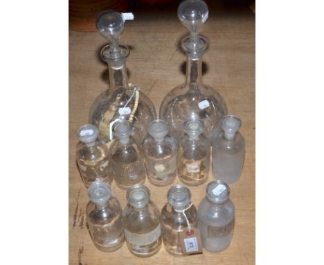 Nine pharmacists bottles, each with etched naming, Limewater & Sulphuric Acid, height 15cm including stopper, together with a