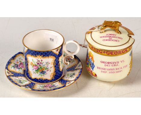A Paragon George VI coronation conserve jar and cover, together with a modern Worcester coffee cup and saucer.