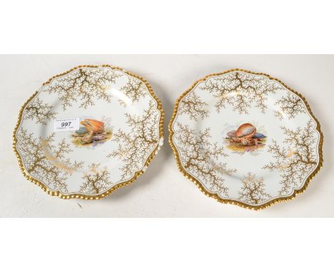A pair of Worcester Flight Barr & Barr plates painted after John Barker with shell groups within gilt shaped borders, impress