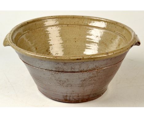 A St Ives Leach Pottery large standard ware, twin handled bowl, maker's mark impressed AP, diameter 31cm. 