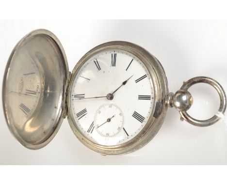 An engine turned, key wind silver full hunter cased pocket watch.