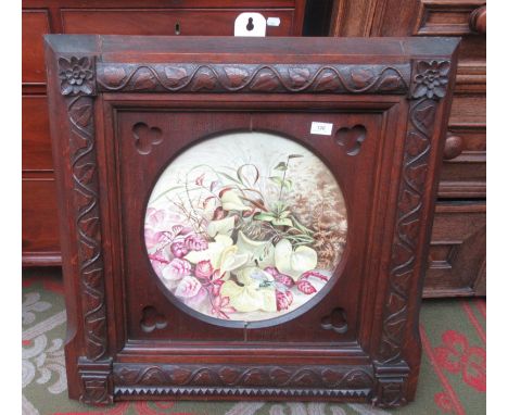 A Victorian circular Derby ceramic plaque painted with leaves, ferns and insects, initialled A.R.P. and dated 1880 in a heavy