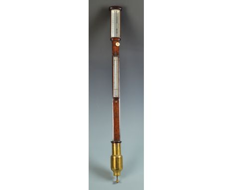 A George III bow front stick barometer by J. Hughes, London, signed to the silvered scales, the thermometer with silver scale