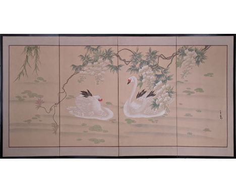 A large Japanese Kano style painting on silk of Swans on a lake, mounted on wall panel, signature lower right, total item siz