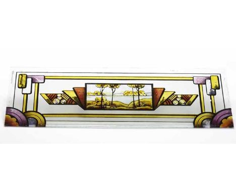 SET OF TWELVE ART DECO PAINTED GLASS PANELS from a Victorian conservatory, each with central cartouche depicting mountainous 