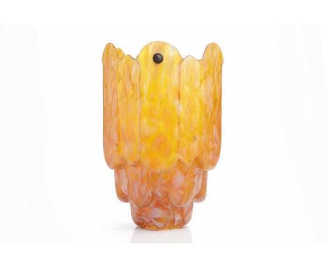 ART DECO MARBLED ORANGE GLASS HANGING CEILING LIGHT SHADEof stepped circular form, 36cm high