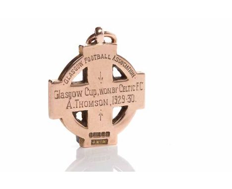 NINE CARAT GOLD AND ENAMEL GLASGOW CUP 1929-30 MEDALinscribed to the reverse 'Glasgow Football Association, Glasgow Cup, Won 