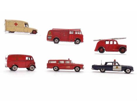 LOT OF FIVE DINKY EMERGENCY VEHICLEScomprising a Daimler Ambulance 253, a Fire Engine 259, a Streamline Fire Engine 250, a Fo