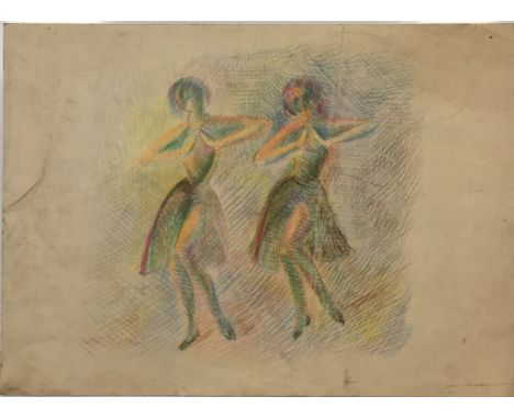 Miroslav Tichý (1926 - 2011) Untitled to depict two girls dancing, probably 1940-50s. Coloured pencils on paper with ink sket