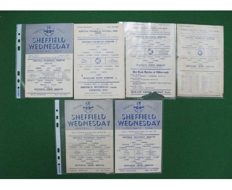 Sheffield Wednesday Reserves v. Newcastle United Reserves Programmes, 1947-8 (ink score), 48-9 (tear to bottom), 49-50, 52-3,