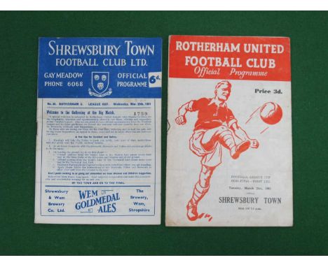 1960-61 League Cup Semi Final, Rotherham United v. Shrewsbury Town, a programme from each game, foxing marks mainly to interi
