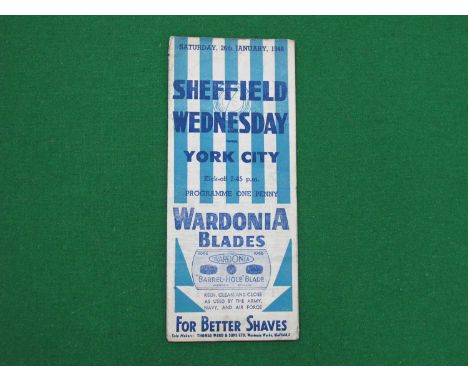 1945-6 Sheffield Wednesday v. York City Gatefold Programme For The F.A Cup Game, dated January 26th 1946.