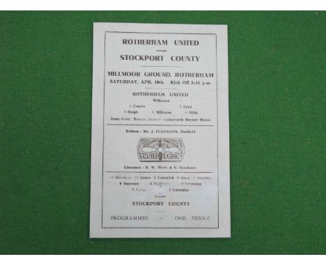 Wartime - Rotherham United v. Stockport County Single Sheet Programme, dated Apr 10th - possibly 1942-3 (creased, team change