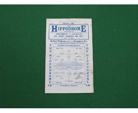 1930-1 Sheffield Wednesday Reserves v. Birmingham City Res Single Sheet Programme, dated April 18th 1931.