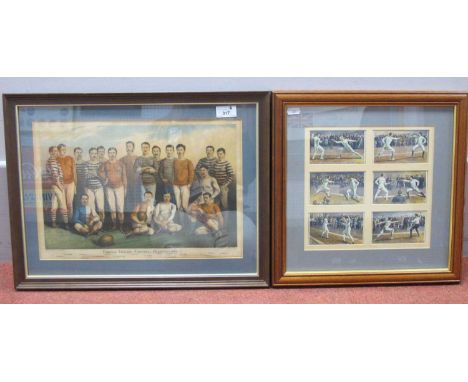Famous English Football Players - 1881 coloured Print from The Boys Own Paper, image 24 x 37.5cm six German fencing cards in 