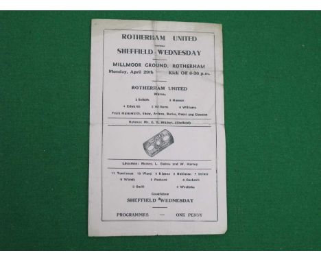 Wartime - Rotherham United v. Sheffield Wednesday Single Sheet Programme, dated Monday April 29th - possibly 1943 (creased)