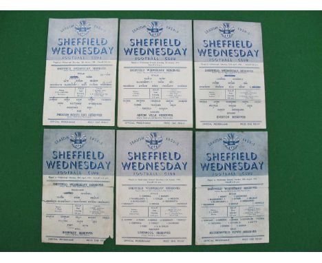 Sheffield Wednesday Reserves Programmes, 1954-5 v. Everton, Preston (both team changes), Liverpool, Huddersfield, Aston Villa