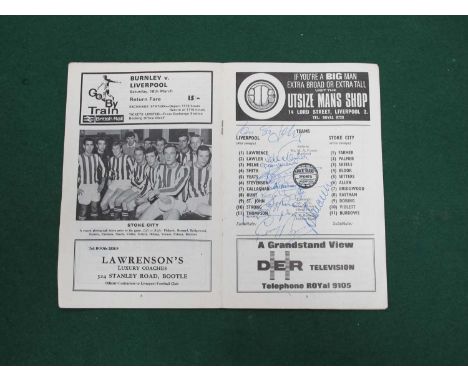 Liverpool autographs - Hunt, Byrne, St. John, Lawrence and others, blue ink signed (unverified) on a1966-7 programme v. Stoke