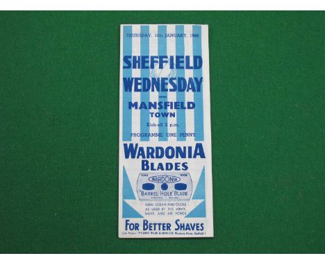 1945-6 Sheffield Wednesday v. Mansfield Town Gatefold Programme for The F.A Cup Game, dated January 10th, 1946.