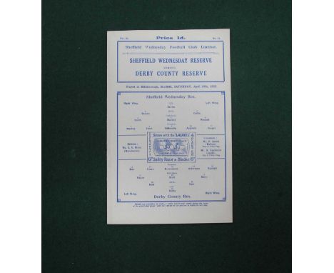 1931-2 Sheffield Wednesday Reserves v. Derby County Res, four-page programme dated April 16th 1932, ex bound volume.