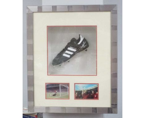Geoff Hurst Autograph, silver marker signed (unverified) on a Adidas World Cup Boot, as a 1966 montage, 67.5 x 56cm overall. 