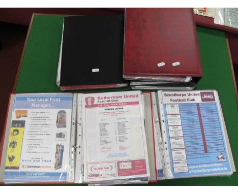 Rotherham United Team Sheets Mainly Post 2000, large quantity, usually homes, tickets noticed, in six folders.Black and white