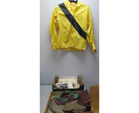 Horse Racing, Silks / Colours of George Hubert Stanley - Yellow Jacket with Black Diagonal Sash, green and maroon cap, both b