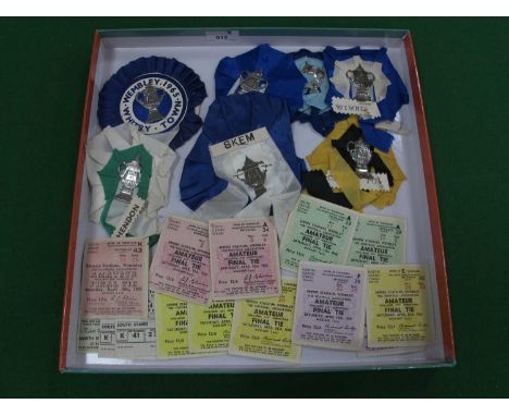 Amateur Cup Final Tickets, 1955, 57 (x 2), 58 (x 2), 59 (x 2), 60 (x 2), 62 (x 2), 67 (x 2), 75. together with rosettes of Wh