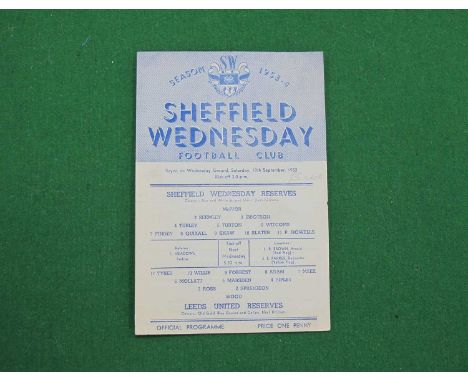 1953-4 Sheffield Wednesday Reserves v. Leeds United Res Single Sheet Programme, dated September 19th 1953.