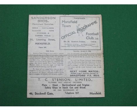 1945-6 Mansfield Town v. Sheffield Wednesday Four Page Programe for The F.A Cup Game, dated January 5th 1946 (creased).