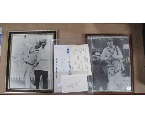 Cricket Autographs - Don Bradman, blue ink signed on white card, R. Wyatt, Len Hutton, Ray Illingworth, Bruce French, Basil D