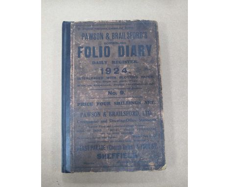 Cricket - Pawson &amp; Brailsford's Folio Diary 1924, containing newspaper scraps and articles from 1926 and later, usually Y
