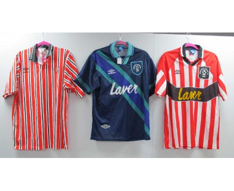 Sheffield United Home Shirts, by Umbro 1990-92, 94-95 Size L, together with 1993 away green and maroon diagonal stripe on blu