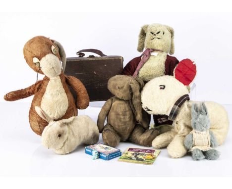 Six vintage rabbit soft toys,  including a Merrythought with cinnamon and white mohair, remains of felt eyes on a plastic out